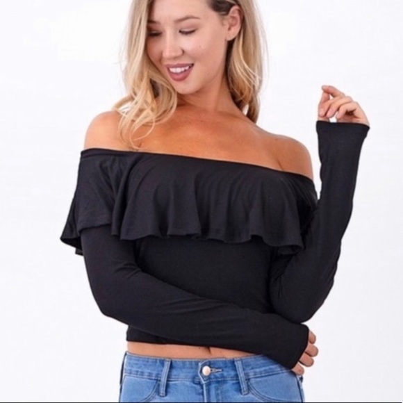 Hearts & Hips Black Off Shoulder Ruffled Long Sleeve Cropped Top - Picture 8 of 8